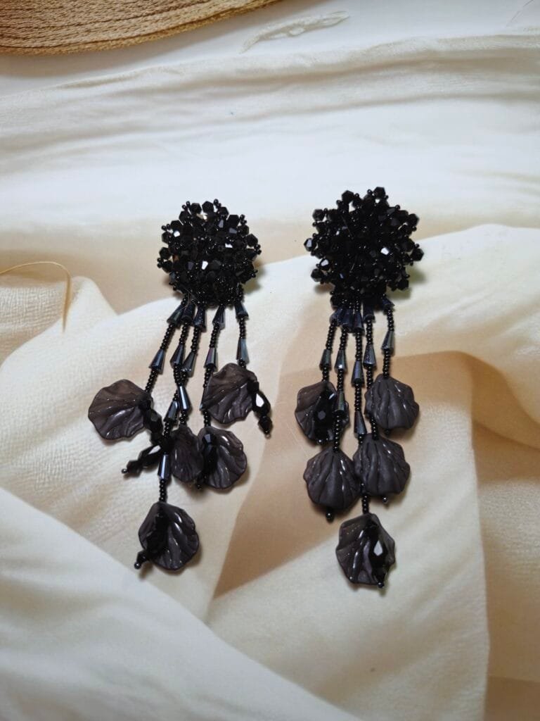 Black beaded Leaf Earrings