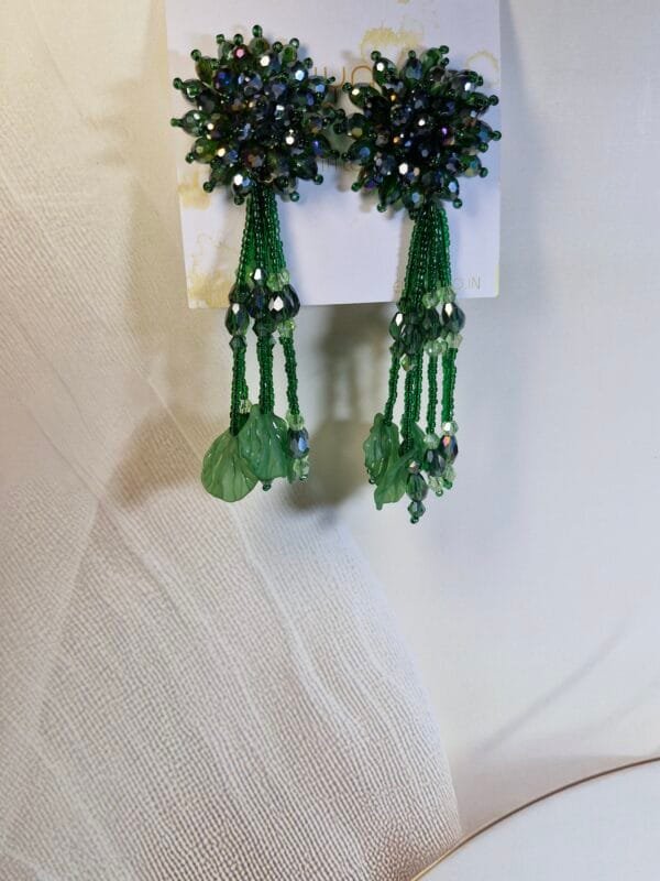 Green beaded Leaf Earrings - Image 3