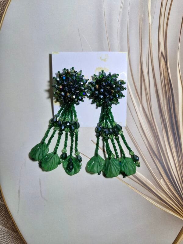 Green beaded Leaf Earrings