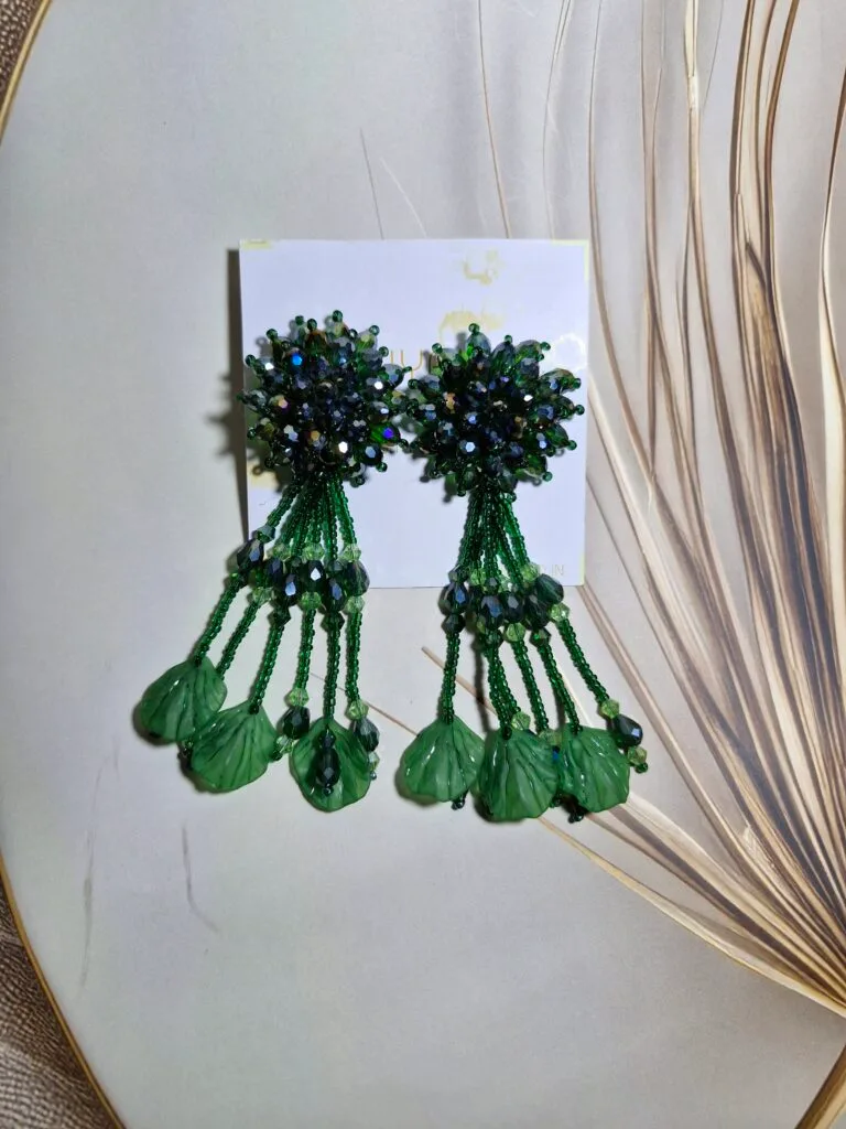 Green beaded Leaf Earrings