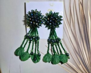 Green beaded Leaf Earrings