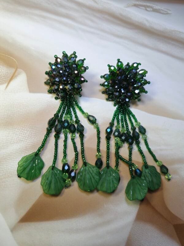 Green beaded Leaf Earrings - Image 2
