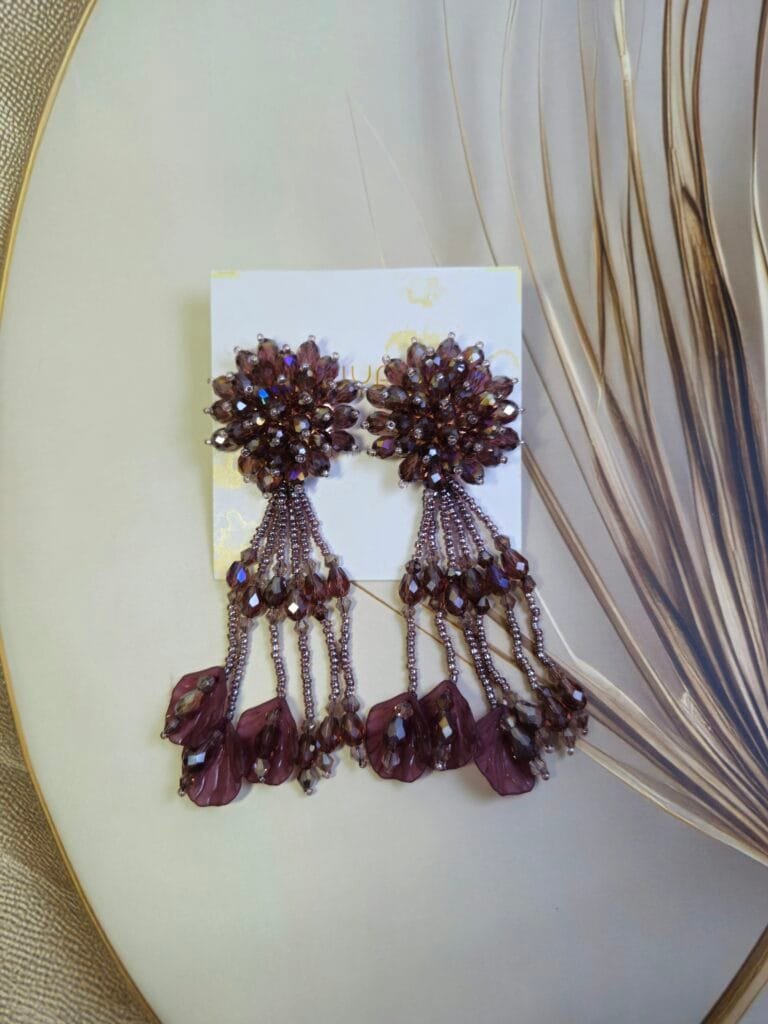 Deep Plum beaded Leaf Earrings