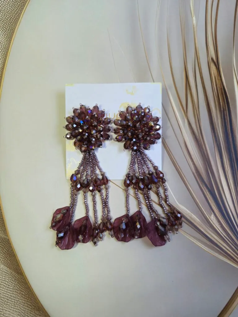 Deep Plum beaded Leaf Earrings