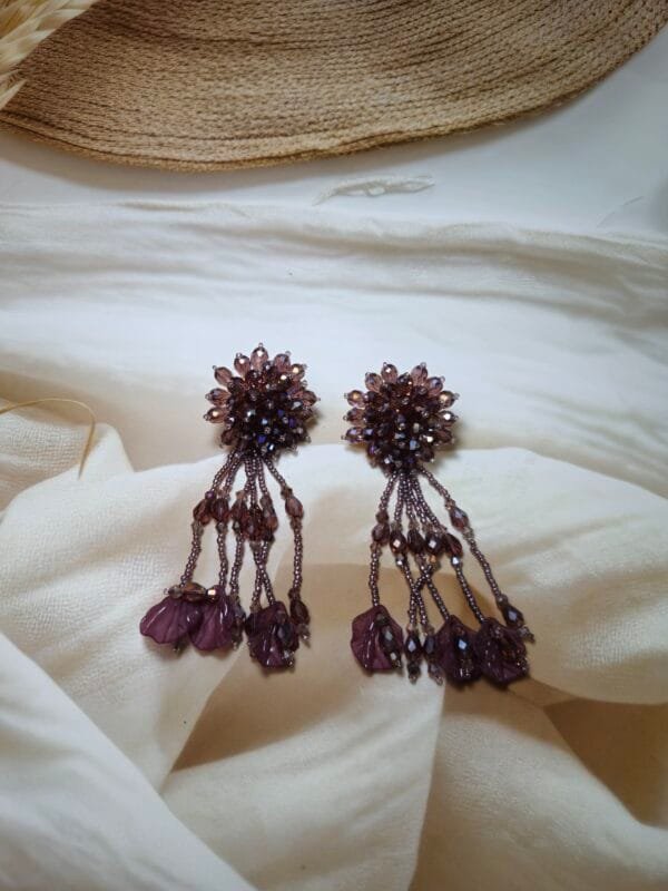 Deep Plum beaded Leaf Earrings - Image 2