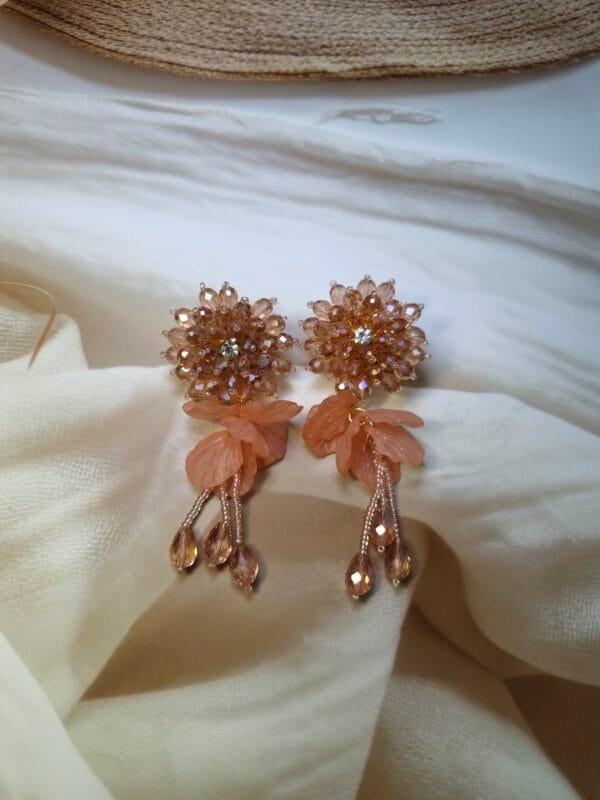 Peach beaded Leaf Earrings - Image 2